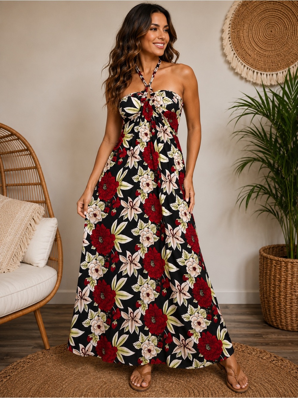 🩷. 8046. Floral Halter Maxi Dress - Black with Red & Cream Flowers